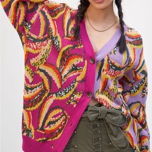 Farm Rio Anthropologie Banana Colorblocked Cardigan Sweater size Medium